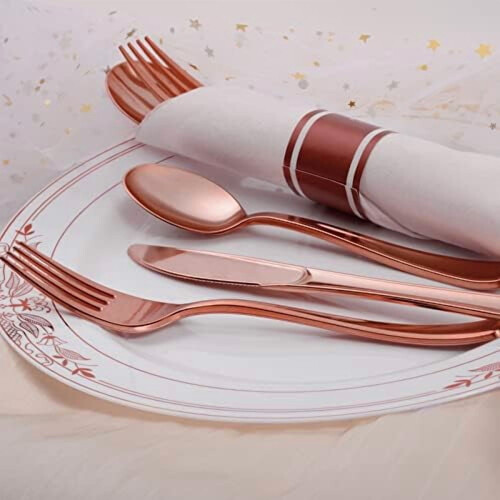 Ensemble de couverts jetables or rose avec serviettes (100 pièces) 1