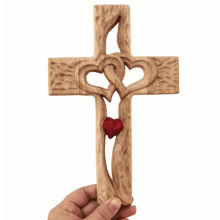 Decoração de parede em forma de cruz com coração, feita à mão em madeira (1 peça, marrom)