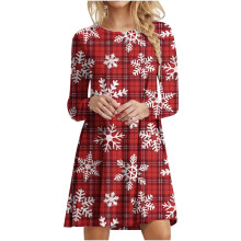 Julklänningar för kvinnor Casual Jultryck Långärmad Loose Fit Utsvängd Julfestklänning (Z01#Vin,L)