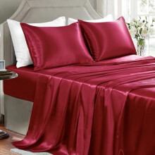 Ensemble de draps en satin Queen – 4 pièces bordeaux, infroissables, comprenant 1 drap-housse, 1 drap plat et 2 taies d'oreiller