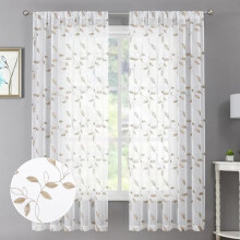 Taupe Leaf Sheer Curtain Leaves Embroidered Bedroom Curtains Rod Pocket Voile Window Treatments for Living Room, 38 x 63 inches Long, Set of 2 Panels