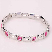 (Rose) Silver Fashion Jewelry Plated Princess Cut Girl Elegant Crystal Charm Bracelet