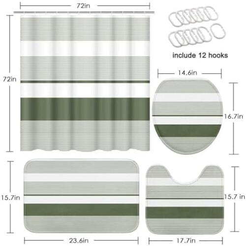 Σετ Κουρτίνας Μπάνιου Sage Green (4 τεμάχια) με Κάλυμμα Καπακιού Λεκάνης, 1