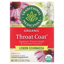 Traditional Medicinals, Cuello Orgánico Throat Coat, Limón Echinacea, Sin Caffeína, 16 Bolsas de Té Envueltas, 1.13 oz (32 g)