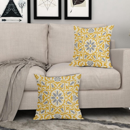 Conjunto de 2 capas de almofada boho em linho, 50x50cm, cinza e amarelo. 1