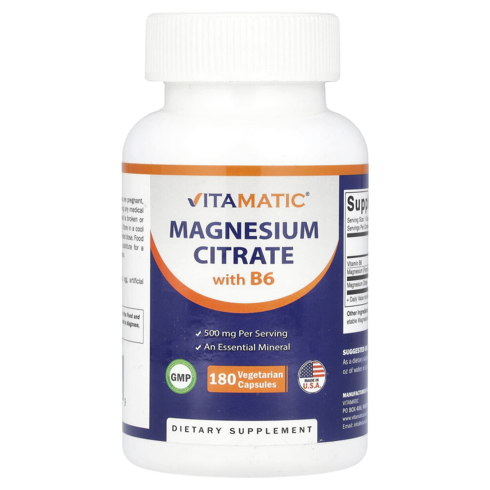 Photos - Vitamins & Minerals Vitamatic, Magnesium Citrate with B6, 180 Vegetarian Capsules