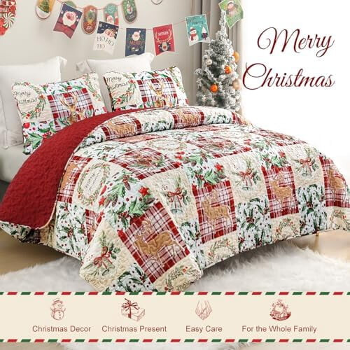 Christmas Quilt King Size Reversible Red Reindeer Wreath 1 1