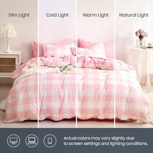 Gingham Duvet Cover Set Light Pink White Full 3-Piece 2