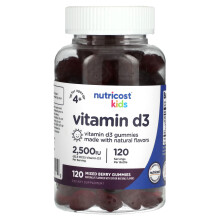 Nutricost, Dzieci, Witamina D3, Wiek 4+, Mieszany Borówka, 62,5 mcg (2,500 IU), 120 Gummów