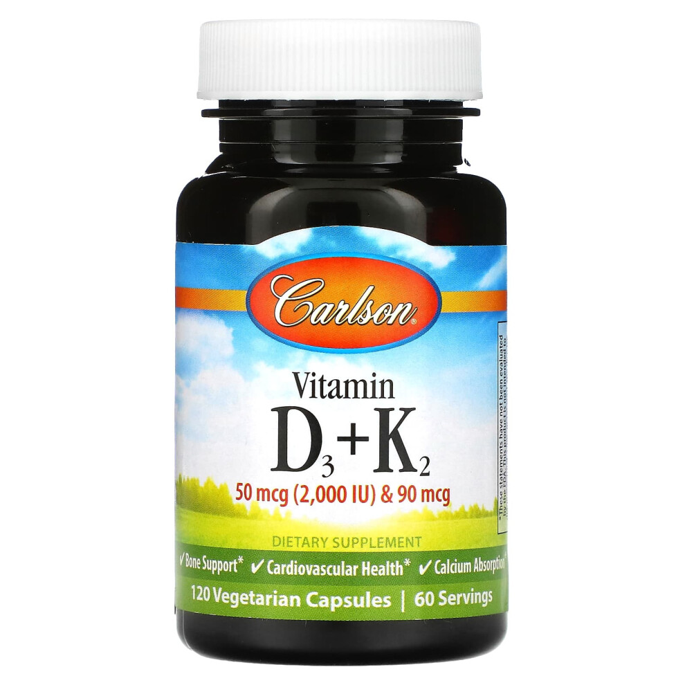 Carlson , Vitamin D3 + K2, 120 Vegetarian Capsules