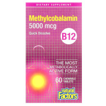 Natural Factors, B12, Metylocobalamina, 5 000 mcg, 60 Tabletek do Zabijania