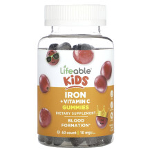 Lifeable, Gomas de Ferro + Vitamina C para Crianças, Uva Natural, 60 Gomas