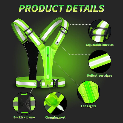 LED reflekterende løbevest, USB genopladelig, justerbar 2