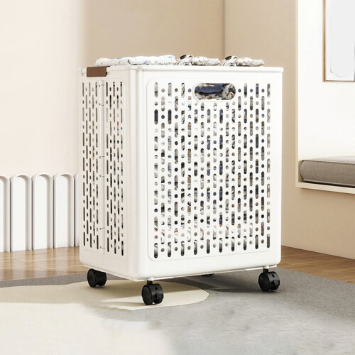 Foldable 50L Laundry Basket with Wheels and Handle White 2
