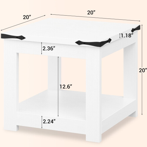 Farmhouse End Table White 20 Inch Square with Shelf 2
