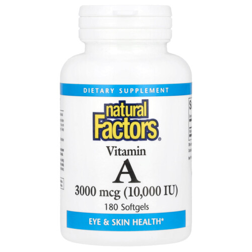 Natural Factors, Vitamiini A, 3 000 mikrogrammaa (10 000 IU), 180 Pehmolevykapselia