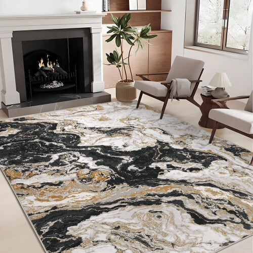 Abstract area rug black 6x9 ft machine washable low pile 2