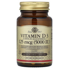 Solgar, Vitamina D3, 125 mcg (5,000 IU), 60 Capsule Vegetali