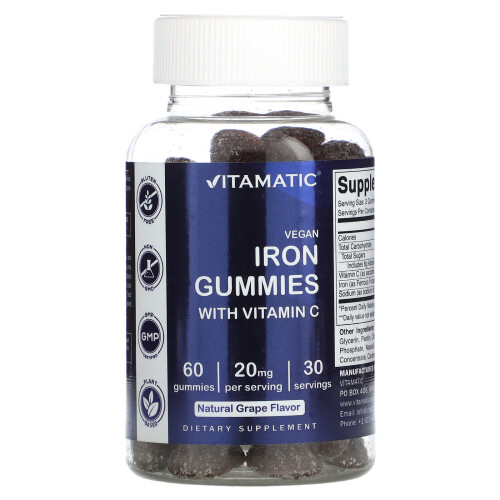 Vitamatic, Βιολογικά Σίδηρο Gummies με Βιταμίνη C, Φυσική Γραπές, 60 Gummies