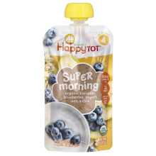 Happy Family Organics, Happy Tot, Super Manhã, Para 2+ Anos, Bananas Orgânicas, Mirtilos, Iogurte, Aveia e Chia, 4 oz (113 g)