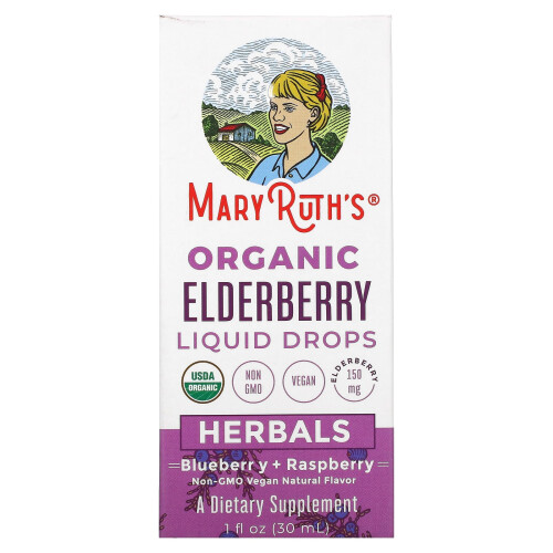 MaryRuth's, Organic Elderberry Liquid Drops, Herbals, Blueberry + Raspberry, 1 fl oz (30 ml)