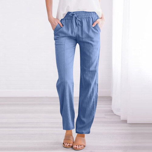 Calça feminina azul celeste de linho e algodão com pernas largas, tamanho XL. 1