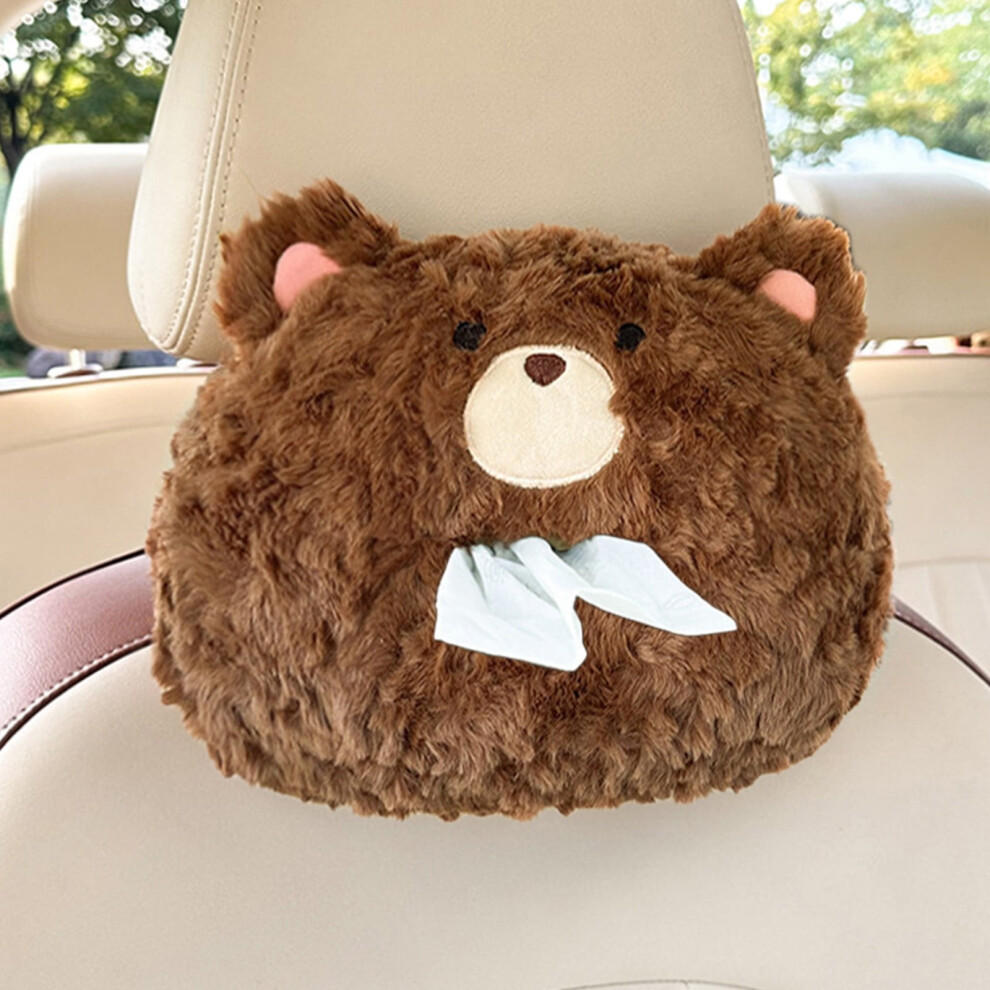 Car Headrest Tissue Box With Hanging Design, Multifunctional Cute Car Tissue Box With Bear Pattern, Fluffy Texture Paper Holder For Headrest 9165521595044