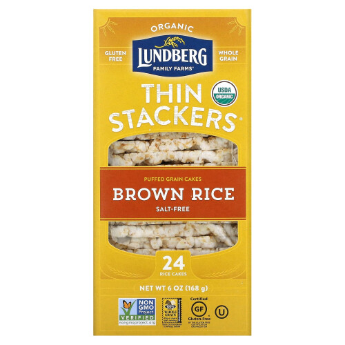 Lundberg, Økologisk Thin Stackers, Puffed Grain Kager, Brun Ris, Saltfri, 24 Ris Kager, 6 oz (168 g)
