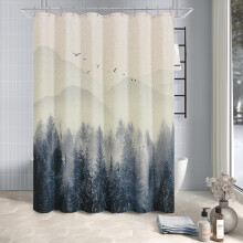 Rideau de douche Forêt brumeuse bleue, en lin, motif nature montagne et arbres, style bohème rustique, avec crochets – 183 x 183 cm
