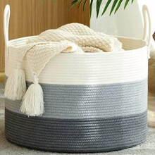 Grote geweven dekenmand (51 x 33 cm) – Katoenen touw opbergmand voor woonkamer, kinderkamer, wasruimte en speelgoed – met handvatten (wit/grijs)