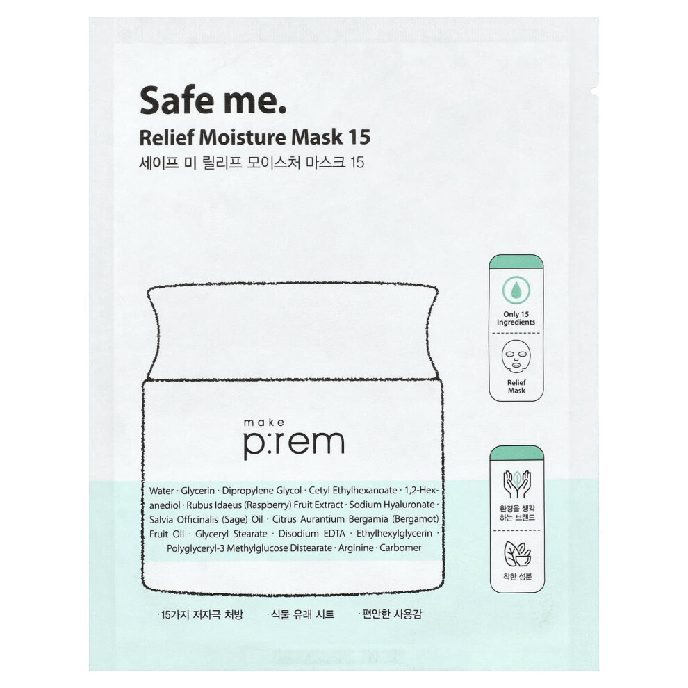 Make P:rem , Safe Me, Relief Moisture Beauty Mask 15, 1 Sheet, 0.84 Fl Oz (25 Ml)
