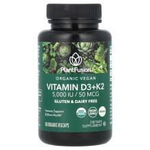 PlantFusion, Vitamina D3+ K2 Vegan Organic, 5,000 IU/50 mcg, 60 Capsule VegOrganic