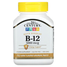 21st Century, B-12, Wiśnia, 5 000 mcg, 110 Sublingualnych Tabletek