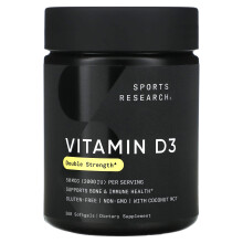 Sports Research, Vitamin D3, Dupla Erősség, 50 mcg (2 000 IU), 360 Puhatest