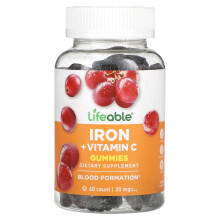 Lifeable, Gummies cu Fier + Vitamina C, Roșu de Struguri, 60 Gummies