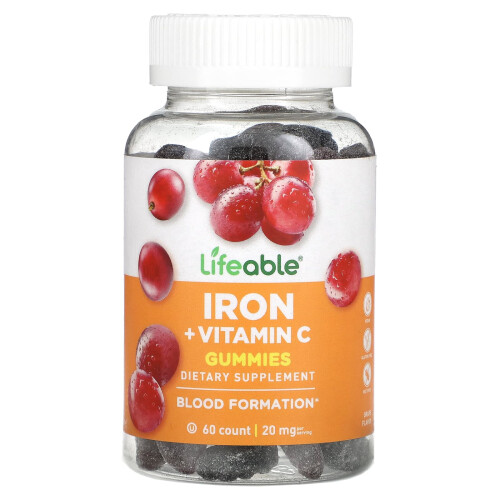 Lifeable, Rauta + Vitamiini C Gummies, Grape, 60 Gummies