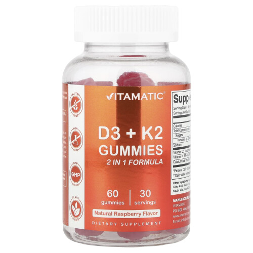 Vitamatic, Gomme D3 + K2, Natural Raspberry, 60 Gomme