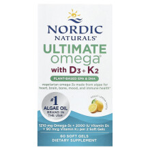Nordic Naturals, Ultimate Omega, Plantbaseret Med D3 + K2, Lemon, 60 Bløde Gel