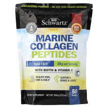 BioSchwartz, Marine Collageïne Peptiden Poeder, Types I & III, Met Biotine & Vitamine C, ongevoopt, 17,6 oz (500 g)