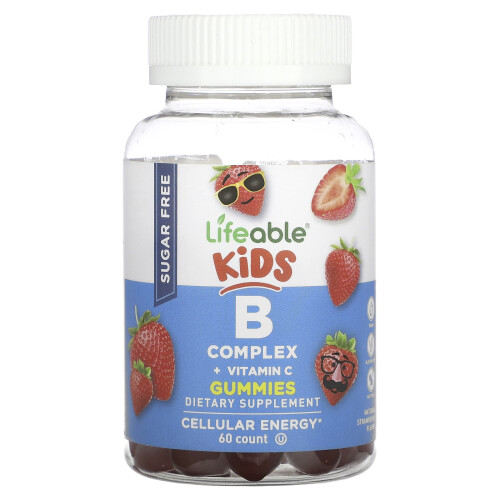 Lifeable, Complexo B para Crianças + Gomas de Vitamina C, Sem Açúcar, Morango Natural, 60 Gomas