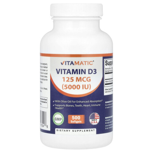 Vitamatic, Vitamina D3, 125 mcg (5,000 IU), 500 Softgels