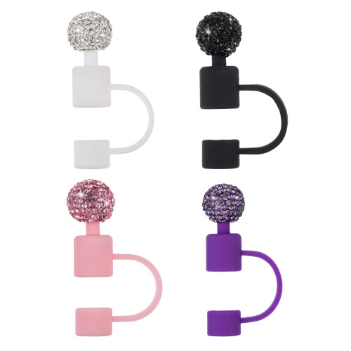 4Pcs Silicone Straw Caps for Coffee Cups with Rhinestone Decor