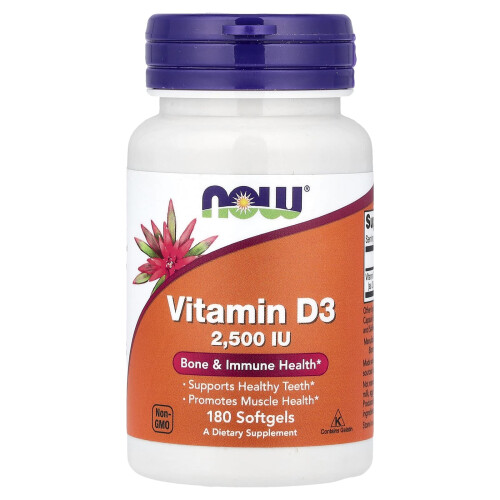NOW Foods Vitamina D3, 2,500 IU, 180 Gelule Moale