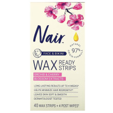 Nair, Wax Ready Strips, gezicht & bikini, orchidee & kers bloemextracten, 40 wax strips + 4 post wippen