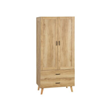2 Door Wardrobe, Modern Wardrobe with 2 Drawer and Hanging Rail for Bedroom, Natural