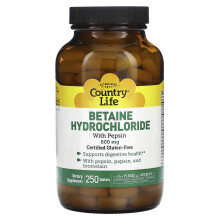 Country Life, Betain Hidroklorid Pepsinnel, 600 mg, 250 Tabletta