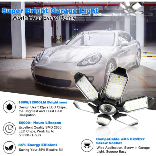 2-Pack 32000LM LED Garage Ceiling Light, 6500K, 6 Deformable Panels, E26/E27 Socket – Compatible with Workshop, Warehouse, Attic 1