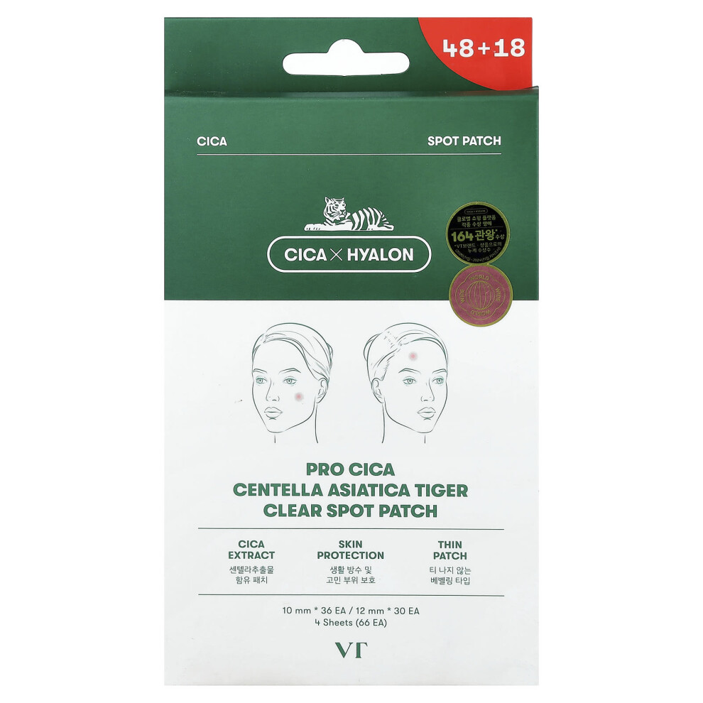 Vt Cosmetics , Pro Cica Centella Asiatica Tiger Clear Spot Patch, 4 Sheets, 66 Patches