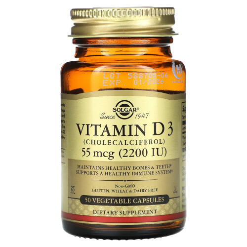Solgar Solgar, Vitamiini D3, 55 mcg (2,200 IU), 50 Kasvikapseli