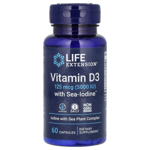 Life Extension, Βιταμίνη D3 με Θάλασσα-Ιωδίνη, 125 mcg (5,000 IU), 60 Καψούλες